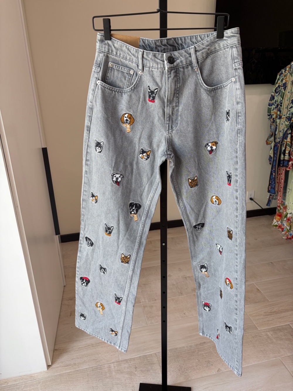 Farm Rio: Multicolor Cats And Dogs Embroidery Denim Pants - Picture 4 of 15